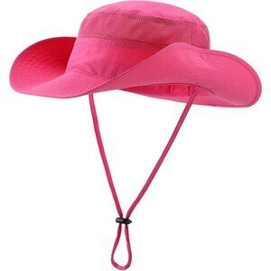 Unisex Rose Red 100% Polyester Wide Brim Boonie Mesh With Chin Strap Bucket Hat